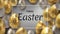 Realistic Easter egg background. Happy holiday banner with golden eggs decorative elements. Vector design template for