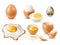 Realistic eggs. Raw and fried natural diet product, 3d chicken and quail egg, beige whole cracked shell, protein and