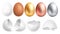 Realistic eggs. White egg and broken shell, golden silver bronze easter hunting elements. Farm product vector set