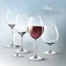 Realistic elegant wine template with empty and full glasses of different sizes on grey