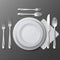 Realistic empty round plate, porcelain dish, steel fork, spoon and knife on table vector illustration