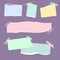 Realistic empty torn colored paper notes with sticky tape on purple background. Vector illustration of mood board mockup