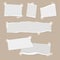 Realistic empty torn paper notes with sticky tape on beige background. Vector illustration of mood board mockup with