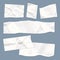 Realistic empty torn wrinkled paper notes on blue background. Vector illustration of ripped crumpled paper scraps