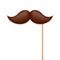 Realistic fake mustache on a wooden stick. Vintage paper mustache for carnival or holiday. Brown facial hair, hipster