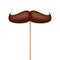 Realistic fake mustache on a wooden stick. Vintage paper mustache for carnival or holiday. Brown facial hair, hipster