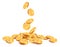 Realistic falling coins. Golden coin falling down, 3D gold jackpot rain, casino shiny falling cash money isolated vector