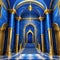 A realistic fantasy blue interior of the royal golden blue castle Fiction concept digital art