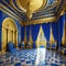 A realistic fantasy gold interior of the royal golden blue castle Fiction concept digital art