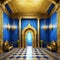 A realistic fantasy gold interior of the royal golden blue castle Fiction concept digital art