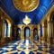 A realistic fantasy gold interior of the royal golden blue castle Fiction concept digital art