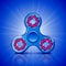 Realistic fidget spinner. Stress relieving toy. Trendy hand spinning machine. Violet shimmering cosmic style.