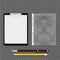 Realistic file, plastic bag and clipboard with pen and pencil on gray background. Vector illustration