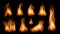 Realistic fire. Bright flames, fires flame isolated on black. Smoke effect, fireplace or burn torch vector collection