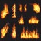 Realistic fire flames set. Digital fire illustration collection.