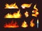 Realistic fire flames set. Red burning fire flame and orange hot flaming heat explosion cartoon, hot flame energy, fire animation