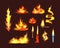 Realistic fire flames set. Red burning fire flame and orange hot flaming heat explosion cartoon, hot flame energy, fire animation