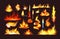 Realistic fire flames set. Red burning fire flame and orange hot flaming heat explosion cartoon, hot flame energy, fire animation