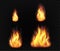 Realistic fire flames. Set of transparent burning light effects