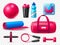 Realistic fitness elements. Gym women accessories, girls yoga objects, different sport devices, bottle and shaker, bag