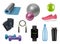 Realistic fitness equipment. Sport symbols for healthy lifestyle 3d items for gym dumbbells skipping rope apple water