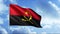 Realistic flag of Angola waving 3d animation, seamless loop. Motion. Red and black moving flag fabric on blue cloudy sky