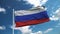 Realistic flag of Russia waving in the wind against deep blue sky.