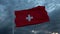 Realistic flag of Switzerland waving in the wind against deep heavy stormy sky