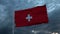 Realistic flag of Switzerland waving in the wind against deep heavy stormy sky. 3d illustration