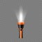 Realistic flashlight with light. Portable electric handy torch for searching or tourism