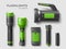 Realistic flashlights. Tourist hand lights with battery, different types, travel equipment elements, green and black