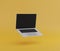 Realistic float modern computer laptop 3d 16-Inch on yellow background, mock-up device notebook highly detailed resolution