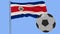 Realistic fluttering flag of Costa Rica and soccer ball flying around on a blue background, 3d rendering.