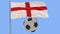 Realistic fluttering flag of England and soccer ball on a blue background, 3d rendering.