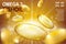 Realistic flyeing Fish oil capsules ads template, omega-3 or vitamin E softgel capsule on golden background. Vector 3D