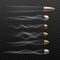 Realistic flying bullet set with different trace trails on dark background.