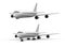 Realistic flying and standing airplane, jet aircraft or airliner perspective view.