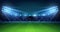 Realistic football arena. Soccer playing field at night with bright stadium lights, green grass and tribunes. Vector