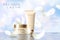 Realistic foundation skin tone. Tube container golden cosmetic light background blue sunny sky spring white feather. 3d