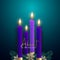 Realistic four Purple candles on dark green background.