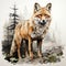 Realistic Fox Illustration On Rock In Forest