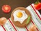 Realistic fried eggs breakfast. Morning fast food, plate top view, fresh tomatoes, natural farm products, rustic serving