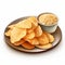 Realistic Fried Potato Chips And Dip On Plate - Isolated White Background