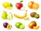 Realistic fruit. 3D vegan food. Wholes and slices of fresh mango. Juicy citruses. Tasty kiwi or banana. Ripe pear and