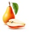 Realistic fruit. Fresh pear with leaf. Whole or half juicy pieces. Summer healthy vitamin food. Natural sweet ingredient