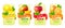 Realistic fruit labels. Packaging stickers with fresh realistic fruits citrus lemon and orange, mango and apple. Water