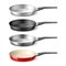 Realistic frying pans. 3d dishes with different coatings, metallic cookware, aluminum, teflon, cast iron and steel