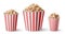 Realistic full large, medium and small popcorn bucket. Red striped pop corn portion cups sizes. Movie snack food