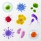 Realistic germs. Microscopic bacillus and infection cells, colorful bacteria and microorganism icon, covid flu viruses