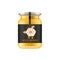 Realistic glass jar with honey. Food bank. Honey packaging design. Honey logo. Mock up glass jar with design label or